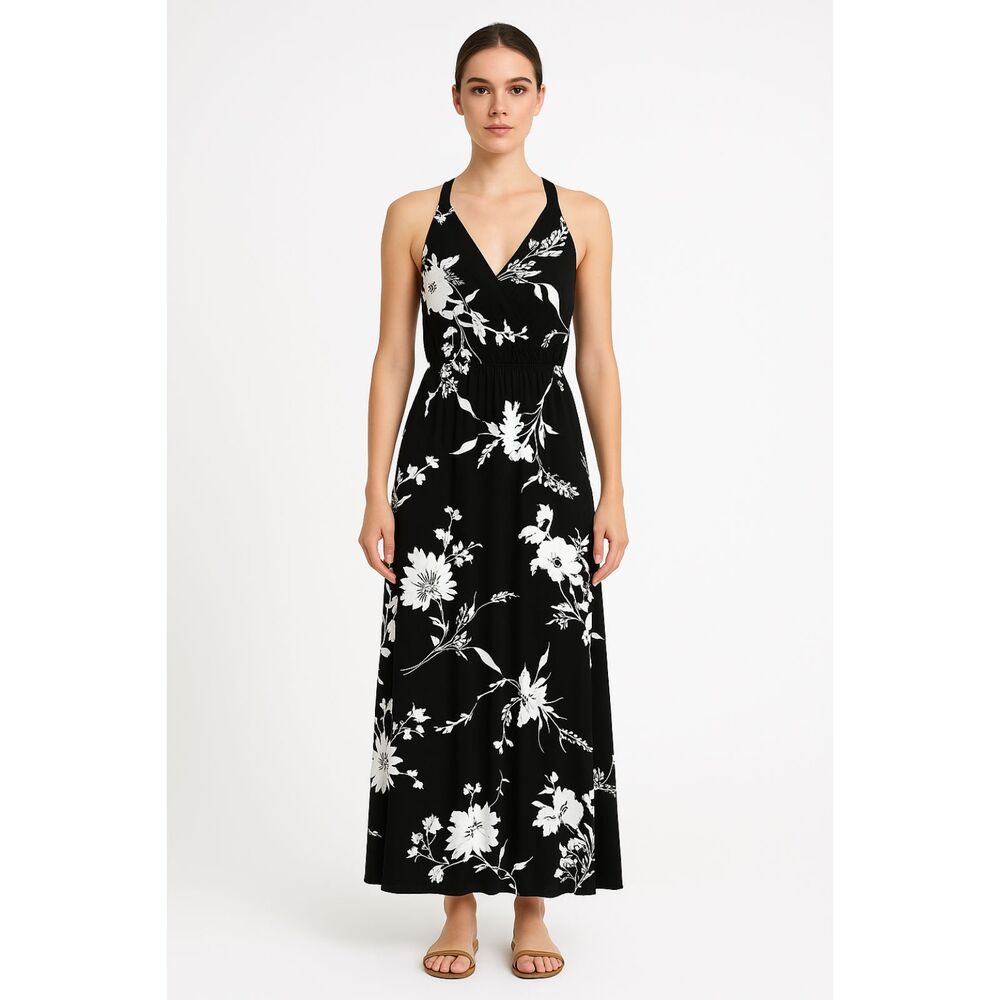 Nine Britton Black White Floral Maxi Dress XS 90s Minimalist Coastal